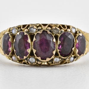Antique Victorian 9ct Gold Amethyst & Seed Pearl Closed Back Ring, B'ham 1881, UK L 1/2, USA 6