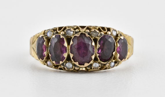 Antique Victorian 9ct Gold Amethyst & Seed Pearl … - image 1