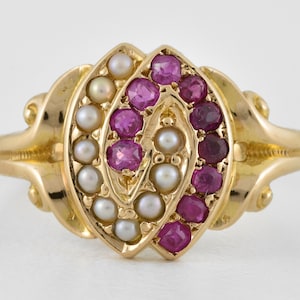 Antique Victorian 15ct Gold Ruby Seed Pearl Ring, B'ham c1880, UK N 1/2, USA 7