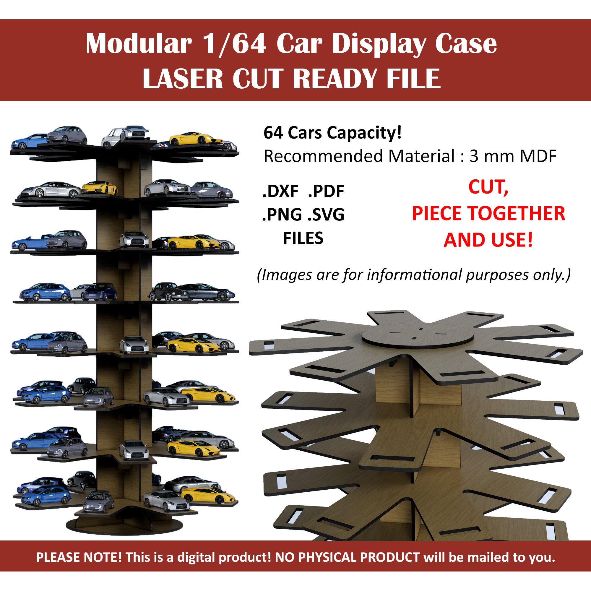 Modular 1/64 Car Display Case Files | 64 Diecast Cars Capacity | Laser Cut Project | Cnc Files | DXF SVG PDF