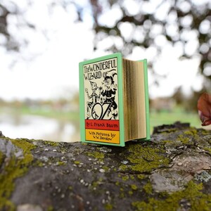 May include: A miniature, open book titled "The Wonderful Wizard of Oz" by L. Frank Baum. The book has a light green cover with illustrations and text in black, red, and yellow. The pages are gold-colored. The book rests on a mossy, textured branch.