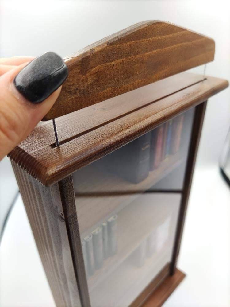 Dollhouse Micro Miniature Wooden Bookcase With Sliding Acrylic Glass Panel  fits 1:6 Scale Books and Smaller 