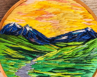 Handmade Mountain Art/Embroidery mountain art/wall decor/ sunset art/ nature art/ thread art/ fiber art/abstract thread art/hoop art/ bright