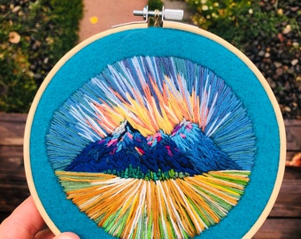 Mountain landscape embroidery/ Hoopart/ handmade stitched art/ nature art/ wall decor/ boho style art/sunburst/fiberart/ home decor/thread/