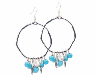 Tadewi - Boucles d’oreilles créole Boho Pierre naturelle Boucles d’oreilles Turquoise avec plumes Argent Turquoise Boho Boucles d’oreilles suspendues avec Boucles d’oreilles en argent sterling Hippie