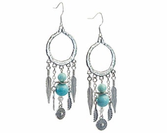 Naira - Boho Hippie Boucles d’oreilles Ethno Boucles d’oreilles Plumes Boucles d’oreilles Bijoux Bijoux Pour femmes 925 Argent Sterling