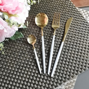 Shiny Stainless Steel Four Pieces flatware Set - Rose Gold, Silver, Gold, pink with Gold, white with Gold and Black with Gold