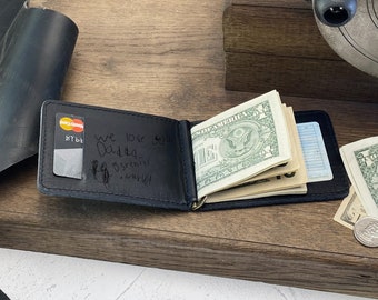 Billetera minimalista de cuero, billetera de dos pliegues hecha a mano, tarjetero delgado, billetera de hombre delgado, con banda elástica, regalo para él, regalo del día del padre