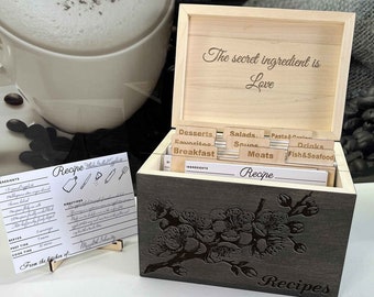 Custom Recipe Card Box 4x6 and 5x7 - Wood Recipe Organizer for Cooks, Personalized and Handmade