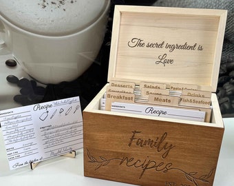 Wood Recipe Card Box - Custom Engraved Recipe Box with Dividers