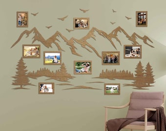 Nature Mountain wood Decor, Mountain Forest Silhouette Wood Wall Art Nature Decor Gift, Collage Photo Frames, Personalized Gifts for Couple