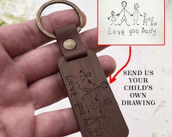 Personalized Wood Keychain with Kid's Artwork: Meaningful Gift for Dad on Any Holiday!
