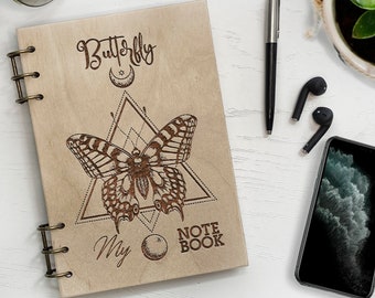 Personalized Wooden Butterfly Notebook, Engraved Journal