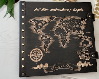 Personalized Wood Travel Photo Album, Adventure Scrapbook, Newlywed Gift