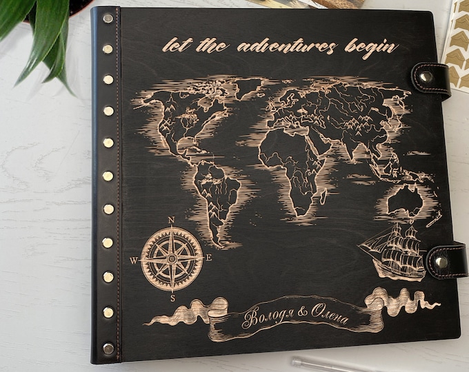 Personalized Wood Travel Photo Album, Adventure Scrapbook, Newlywed Gift