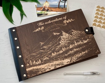 Personalized wood travel photo album Wedding gift for Couple Custom photo album travel scrapbook Personalized engraved adventure awaits gift
