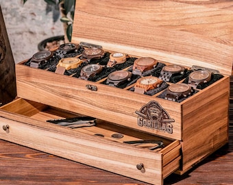 Horlogedoos met glazen deksel, houten lade horlogedoos, cadeau 5e verjaardag voor mannen, horlogedoos horlogedoos voor mannen gepersonaliseerde horloge opbergdoos