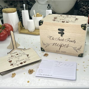 Wooden Recipe Card Box with 9 Dividers and Recipe Cards Housewarming Gift Idea Family gift custom Recipe box Recipe cards Recipe dividers