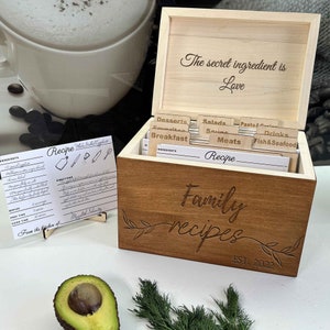 Wood Recipe Card Box - Custom Engraved Recipe Box with Dividers