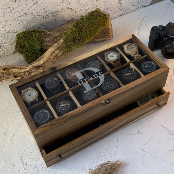 Walnut Watch Box Wooden, Personalized Gifts for Dad, Grooms Watch Box Ring And Watch Box Watch Box For 4 6 8 10 12 slots, Men's jewelry box