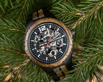 Personalized Skeleton Watch Men Engraved Mechanical Wood Watch Custom Anniversary Gift for Husband Luxury Wooden Watch Automatic with Box