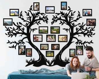 Arte de árbol genealógico grande con marcos de fotos - Decoración de pared de madera para marcos de fotos de collage Arte de árbol genealógico, árbol genealógico de madera con marcos de fotos