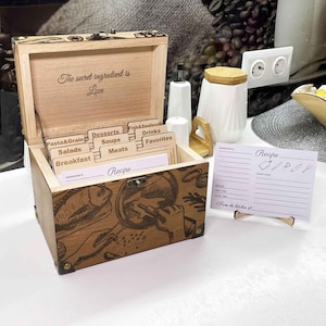 Receptendoos met verdelers, gepersonaliseerde receptendoos, houten aangepaste receptendoos en kaarten 4x6, gegraveerde receptendoos