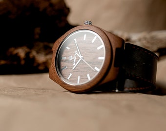 Gegraveerd houten horloge, leren band, cadeau voor 5e verjaardag voor hem