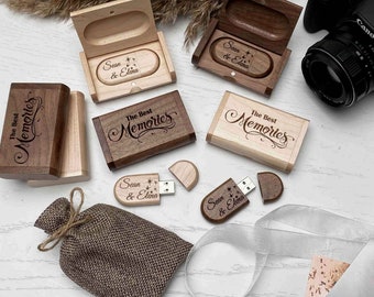 Custom memory Wooden USB Flash drive personalized Engraved box, Walnut and Maple, Wooden gifts for husband him her, Free text design