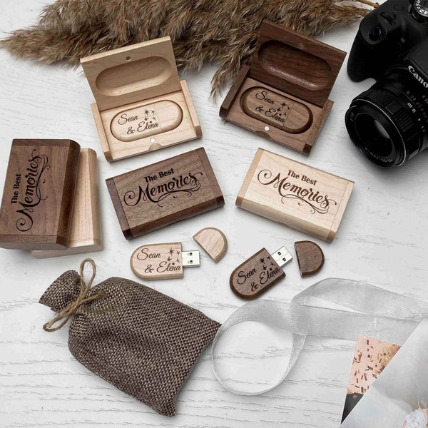 Custom memory Wooden USB Flash drive personalized Engraved box, Walnut and Maple, Wooden gifts for husband him her, Free text design