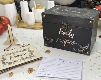 Boîte de cartes de recettes avec intercalaires et cartes de recettes, boîte de recette personnalisée gravée, cadeau personnalisé pour maman, boîte de recette vintage, idée cadeau, cadeau de famille