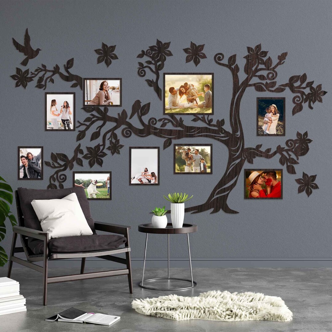 Large Wooden Family Tree Wall Art With Personalized Photo Frames