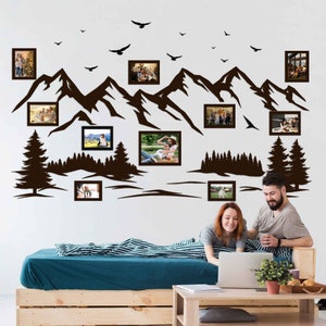Mountain Wall Art, Wooden Photo Frames Set, Trendy Large Wood Wall Art Room Decor, Wooden Mountain with Photo Frames, Photo Wall Art