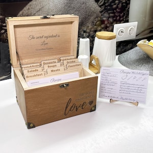 Caja de recetas personalizada grabada Caja de recetas familiares y divisores de recetas Tarjetas de recetas Regalo de inauguración de la casa Regalo del 5º aniversario Regalo del día de las madres