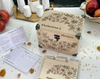 Boîte de recettes 4 x 6 avec séparateurs et cartes de recettes Boîte en bois gravée personnalisée Shower nuptiale Mariage Pendaison de crémaillère Fête des Mères Cadeau pour Pâques