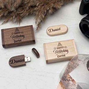 Personalized USB flash drive and custom wooden memory box, Wooden gifts for husband him her, Flash Drive – 8, 16, 32, 64 and 128 Gb