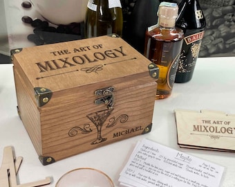 Cocktail Recipe Box Bartender Gift Bar Recipe Box Gift for him 4x6 Recipe box with dividers and recipe cards Personalized Engraved wood box