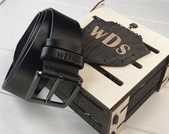 Personalized Black Leather Belt, Custom Initials, Anniversary Gift
