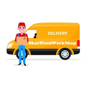 May include: A delivery driver in a red shirt and blue overalls stands next to a yellow van with the words "SkinWoodWorkShop" and "DELIVERY" on the side. He is holding a brown box with the logo "SkinWood" on it.