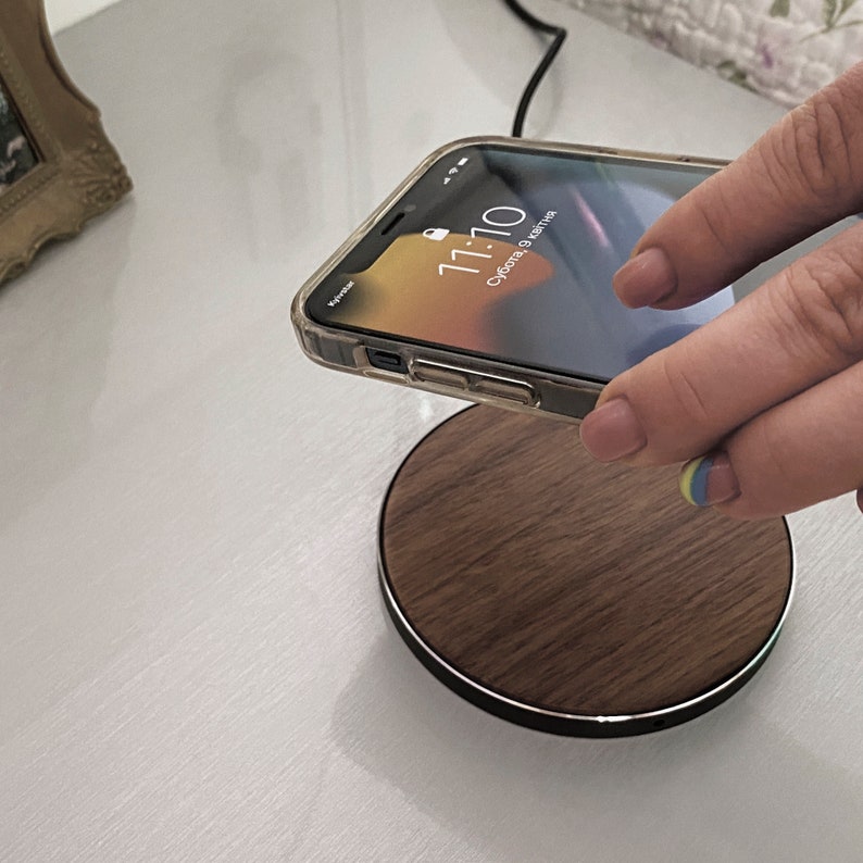 Laser Etched Wireless Charger Personalized With office accessories Custom Text Custom photo gift Real Walnut Wood Father's Day Gift for mom image 6