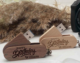 Unidad USB de madera personalizada, USB para fotógrafos, grabada con logotipo o texto Este conjunto está disponible en madera de nogal o arce