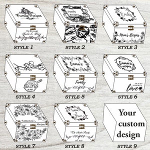 May include: Nine different styles of recipe boxes with various designs and text. The boxes are white with brown trim and a hinged lid. The designs include floral wreaths, handwritten text, and illustrations of kitchen utensils.