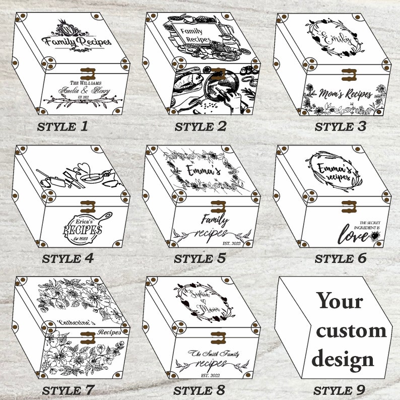 May include: Nine different styles of recipe boxes with various designs and text. The boxes are white with brown trim and a hinged lid. The designs include floral wreaths, handwritten text, and illustrations of kitchen utensils.