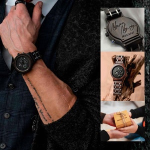Cadeau de fête des pères pour papa Montre gravée Montre personnalisée Cadeau d’anniversaire pour lui Montre en bois Petit ami Cadeau Groomsmen Montre Montre Montre Hommes