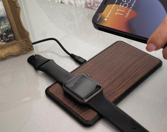 Qi double chargeur sans fil en bois, personnalisé avec gravure, cadeau de pendaison de crémaillère, cadeau d'accessoires de bureau, station de charge multi-appareils