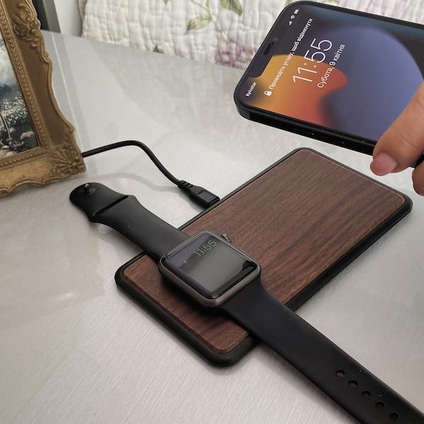 Qi Dual Wireless Charger made of wood, custom with engraving, housewarming gift, Desk accessories gift, Multi Device Charging Station