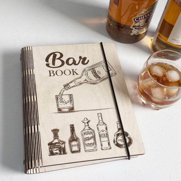 Bar Recipe Book Bartender Gift Personalized Groomsmen Gift for Barmen Blank Personal Notebook Cocktails Recipes Wooden Recipe Book