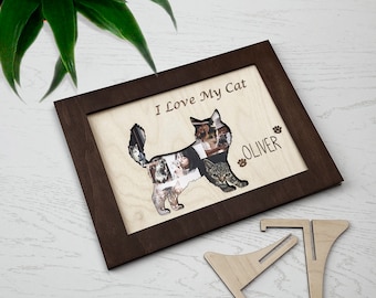 Marco de fotos CAT de madera personalizado Regalo conmemorativo de la foto de la mascota Regalo grabado, regalo para gato, collage conmemorativo del gato, regalos conmemorativos para mascotas