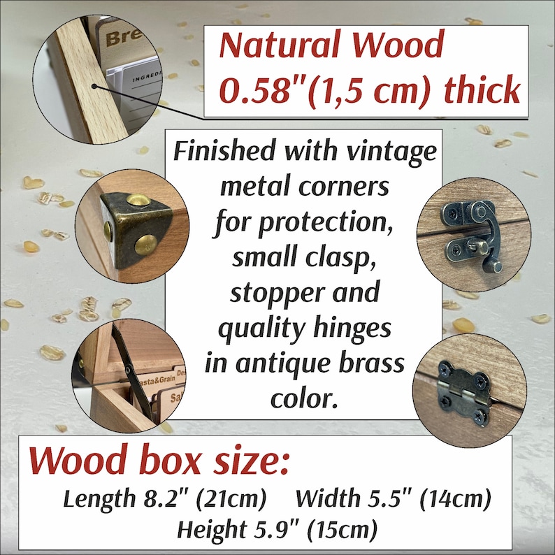 May include: Natural wood box with antique brass hinges, clasp, and corners. The box is 8.2 inches long, 5.5 inches wide, and 5.9 inches high. The box is 0.58 inches thick.