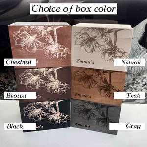 K&ouml;nnte beinhalten: Sechs Holzkisten in verschiedenen Holzarten, jede mit einem Blumendesign und dem Text "Emma's" auf der Vorderseite. Die Kisten sind mit folgenden Holzarten beschriftet: Kastanie, Braun, Schwarz, Natur, Teak und Grau.